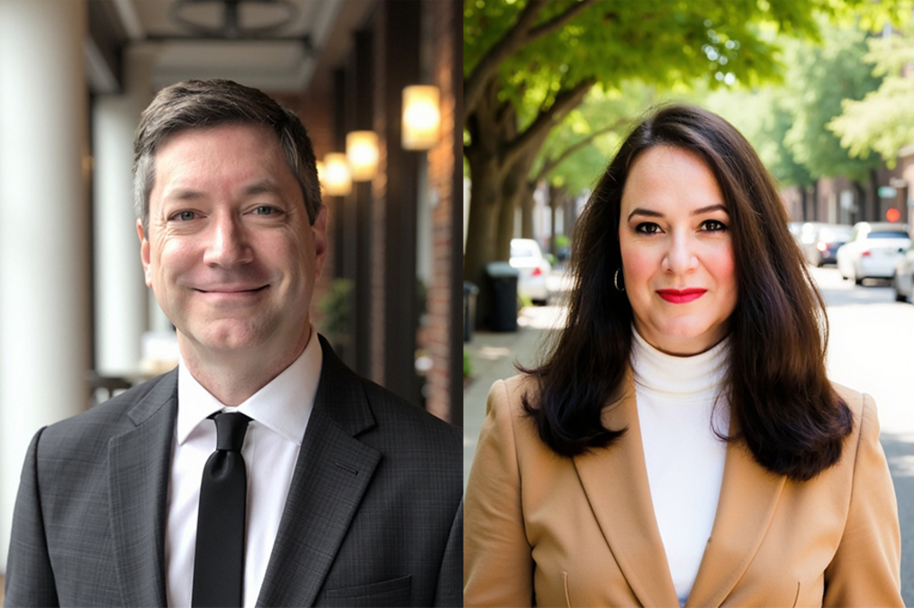 A split image shows two professional headshots. On the left, a smiling man wears a dark suit, white shirt, and black tie in an indoor setting. On the right, a smiling woman with long dark hair wears a tan blazer and white turtleneck, photographed outdoors on a tree-lined street.